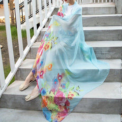 Peacock Feather Print Chiffon Scarf Oversized Shawl Thin Silk Head Wrap Women