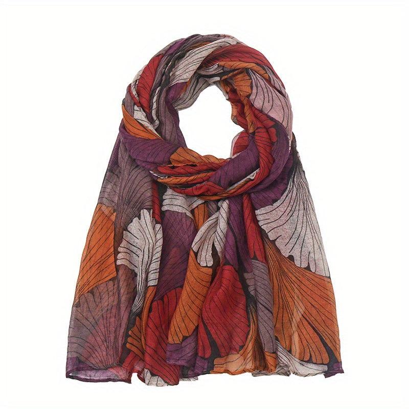 Ginkgo Leaf Print Voile Scarf Vintage Block Boho Shawl Women