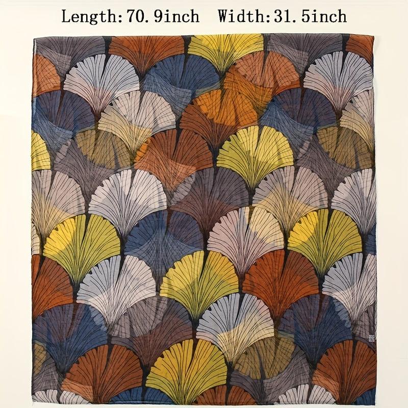 Ginkgo Leaf Print Voile Scarf Vintage Block Boho Shawl Women