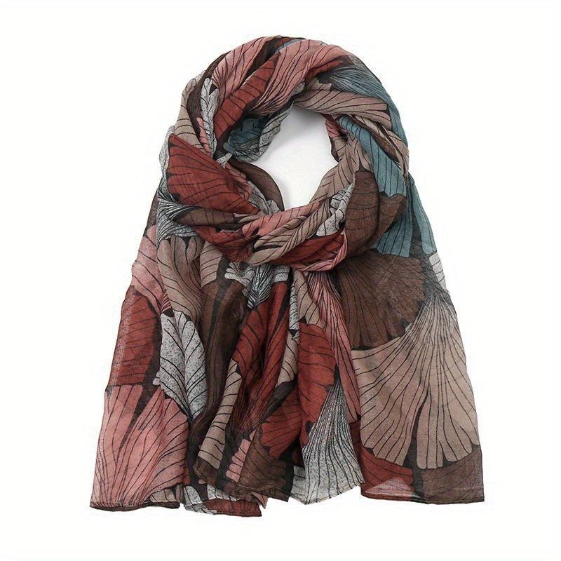 Ginkgo Leaf Print Voile Scarf Vintage Block Boho Shawl Women