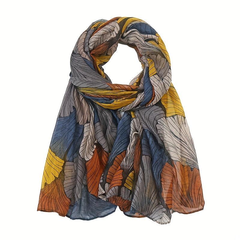 Ginkgo Leaf Print Voile Scarf Vintage Block Boho Shawl Women