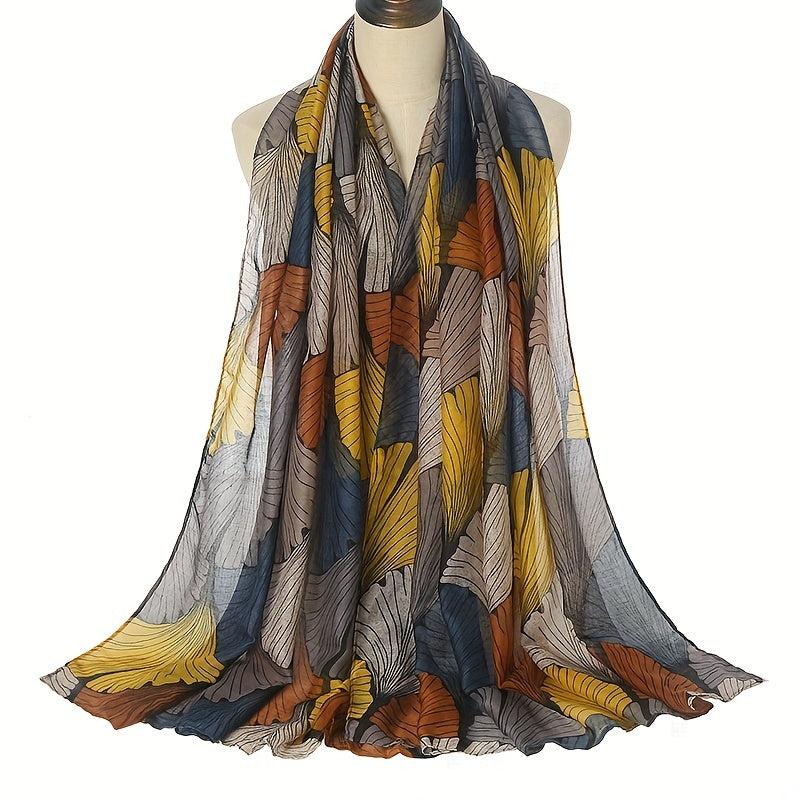 Ginkgo Leaf Print Voile Scarf Vintage Block Boho Shawl Women