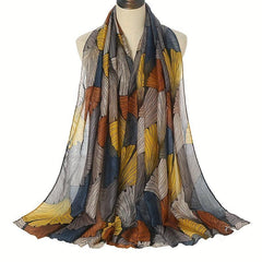 Ginkgo Leaf Print Voile Scarf Vintage Block Boho Shawl Women