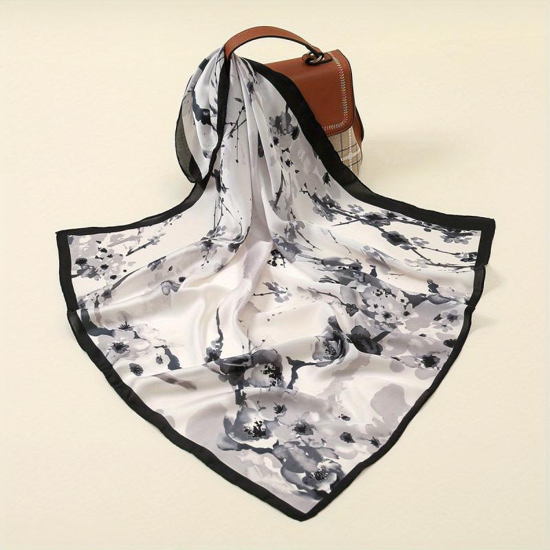Plum Blossom Print Square Scarf Satin Silk Shawl Tie Dye Bandana
