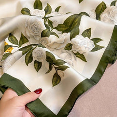 Vintage Beige Green Satin Flower Print Scarf