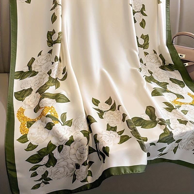 Vintage Beige Green Satin Flower Print Scarf