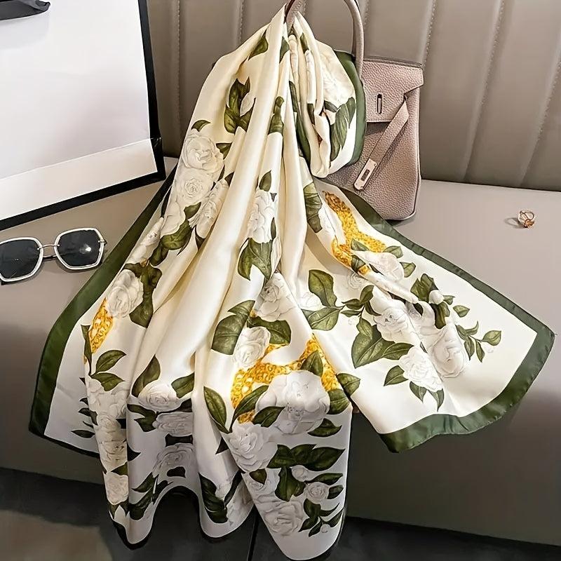 Vintage Beige Green Satin Flower Print Scarf