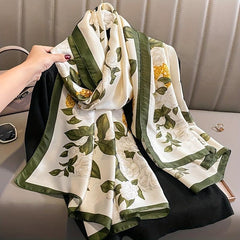Vintage Beige Green Satin Flower Print Scarf