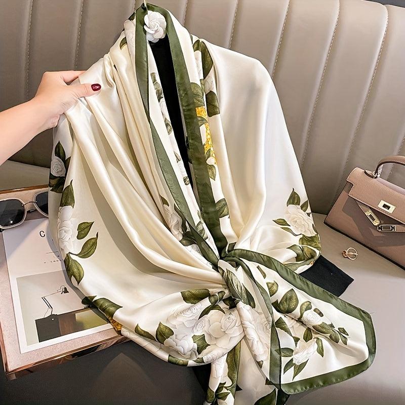Vintage Beige Green Satin Flower Print Scarf