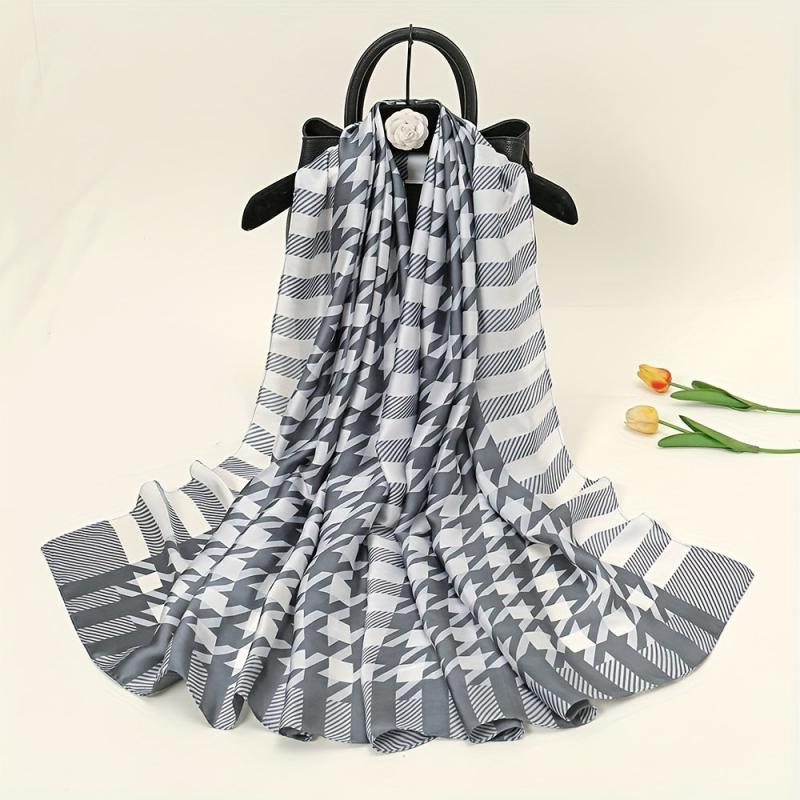 Gray Houndstooth Print Silk Scarf for Women