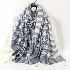 Gray Houndstooth Print Silk Scarf for Women