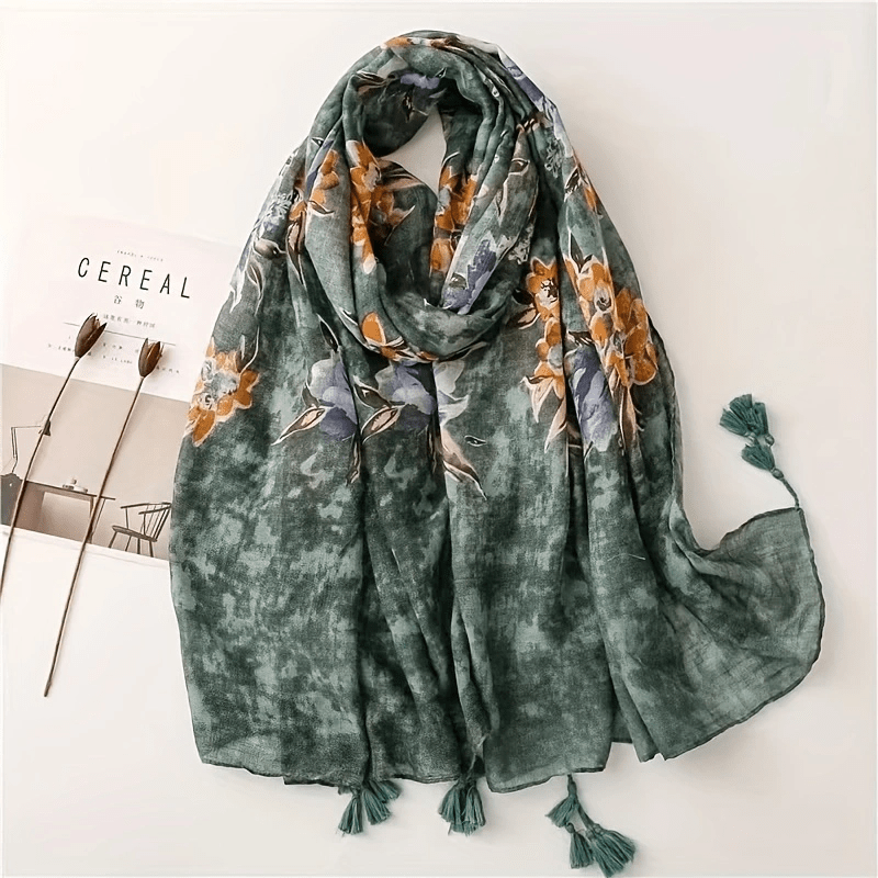 Dark Green Slub Scarf Hemp Feel Yarn Tassel Sunscreen Shawl