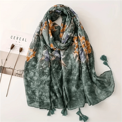 Dark Green Slub Scarf Hemp Feel Yarn Tassel Sunscreen Shawl