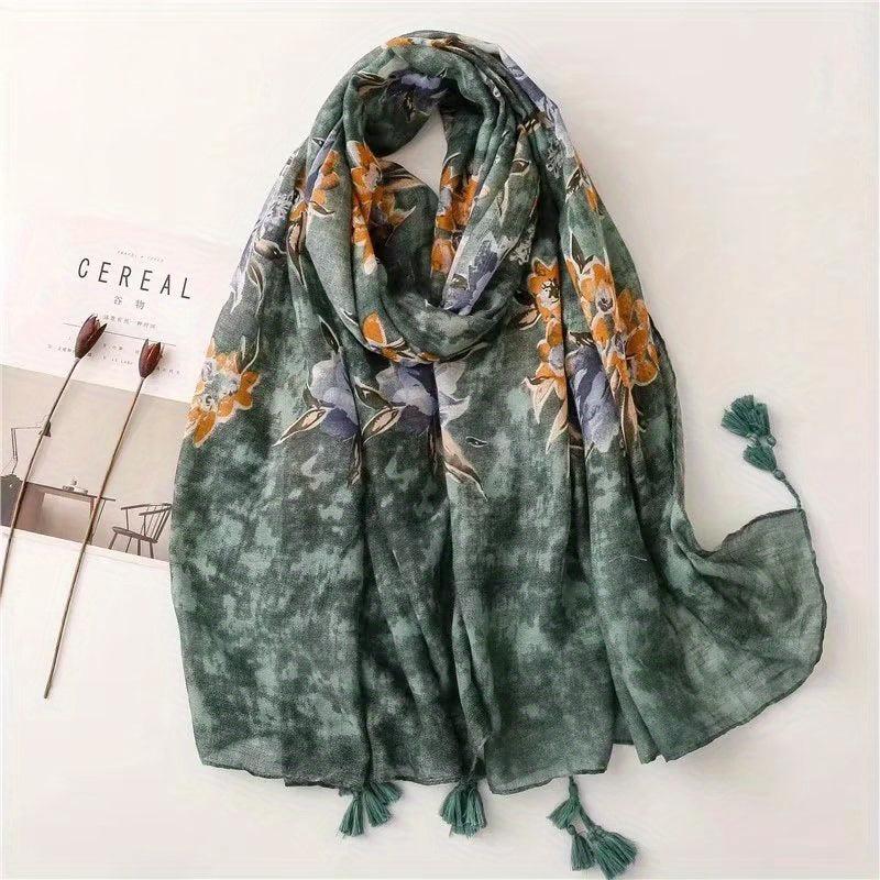 Dark Green Slub Scarf Hemp Feel Yarn Tassel Sunscreen Shawl