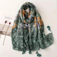 Dark Green Slub Scarf Hemp Feel Yarn Tassel Sunscreen Shawl