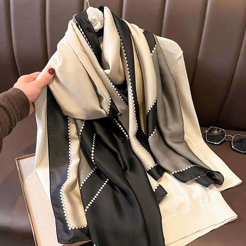 Satin Geometric Chain Print Grey Block Scarf