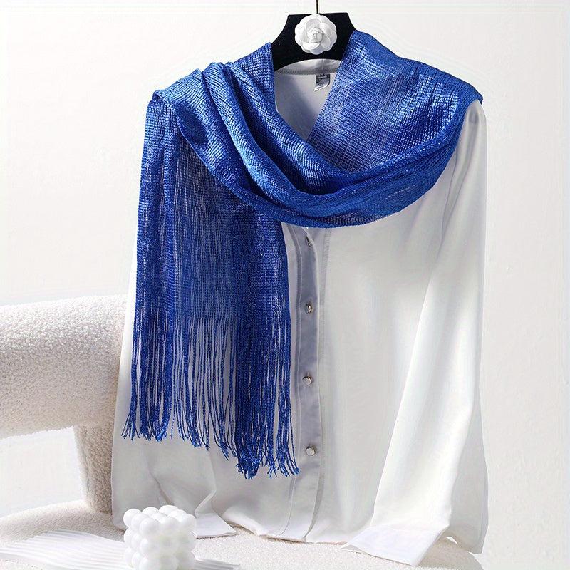 Silver Silk Feeling Shawl Elastici Scarf with Fringe