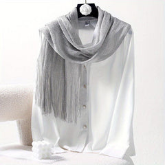 Silver Silk Feeling Shawl Elastici Scarf with Fringe