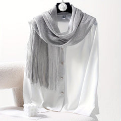Silver Silk Feeling Shawl Elastici Scarf with Fringe
