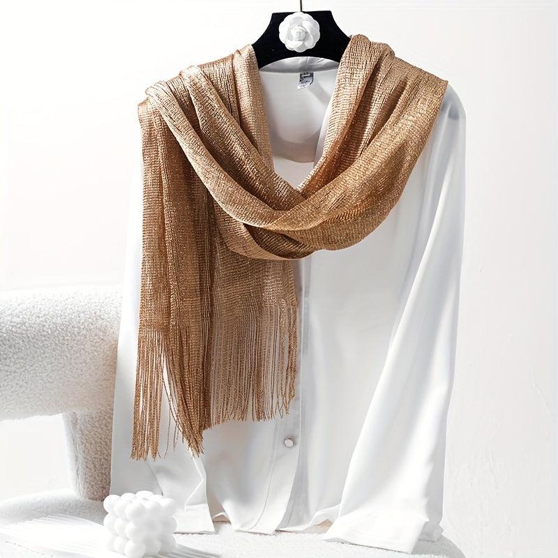 Silver Silk Feeling Shawl Elastici Scarf with Fringe