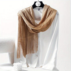 Silver Silk Feeling Shawl Elastici Scarf with Fringe