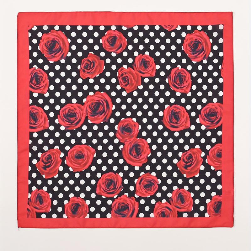 Polka Dot Rose Print Bandana Red Square Scarf Necke...