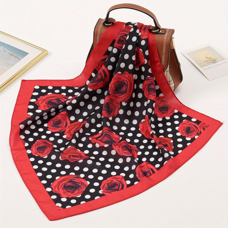 Polka Dot Rose Print Bandana Red Square Scarf Necke...