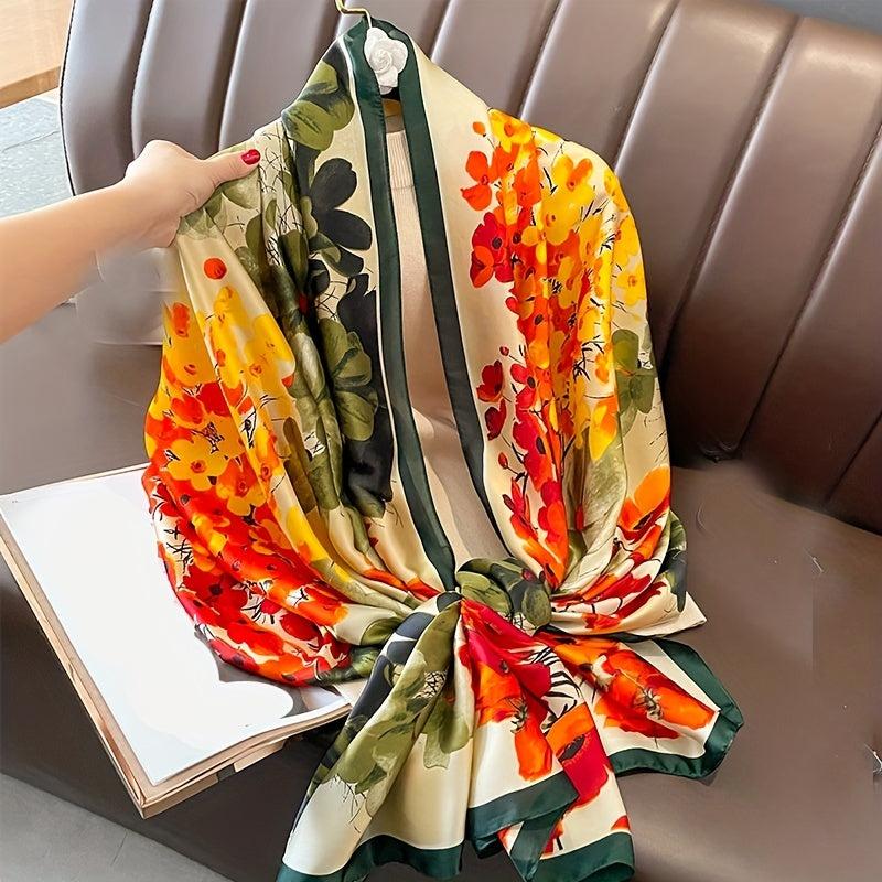 Classic Flower Print Shawl Silk Square Scarf for Women