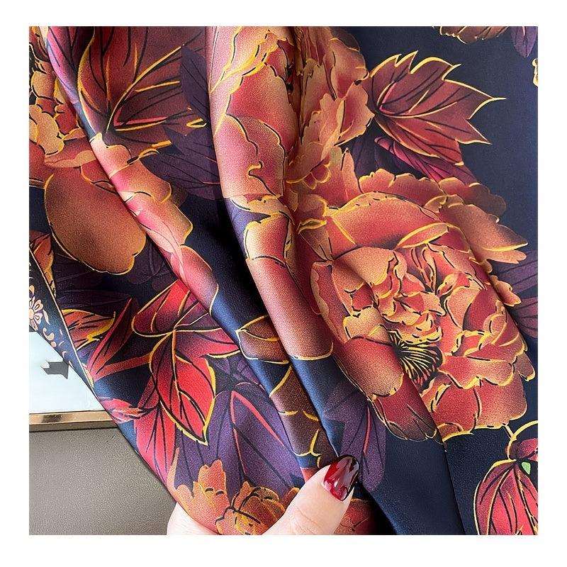 Vintage Rose Print Wine Red Silk Shawl Head Wrap Beach Towel