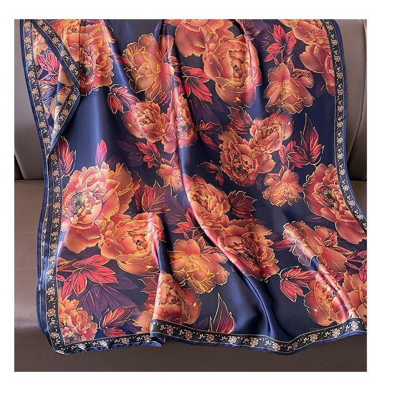 Vintage Rose Print Wine Red Silk Shawl Head Wrap Beach Towel