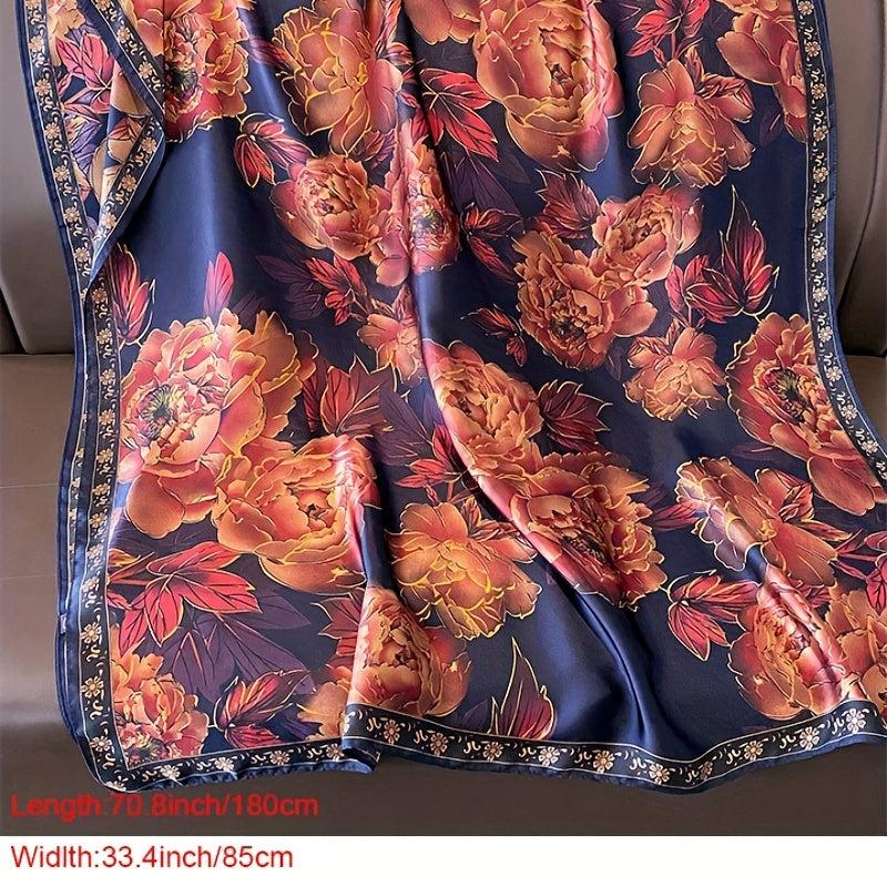 Vintage Rose Print Wine Red Silk Shawl Head Wrap Beach Towel