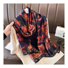 Vintage Rose Print Wine Red Silk Shawl Head Wrap Beach Towel