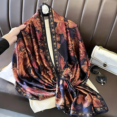 Vintage Rose Print Wine Red Silk Shawl Head Wrap Beach Towel