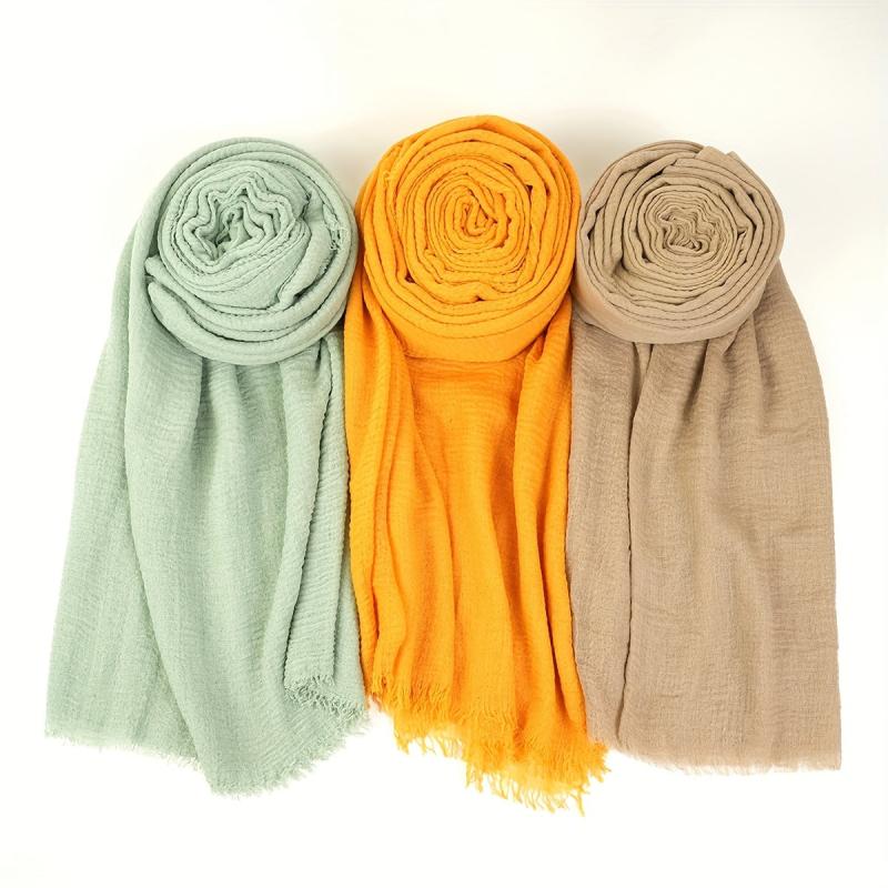 3pcs Set Pleated Tassel Hijab Solid Scarf Shawl Turban For Women