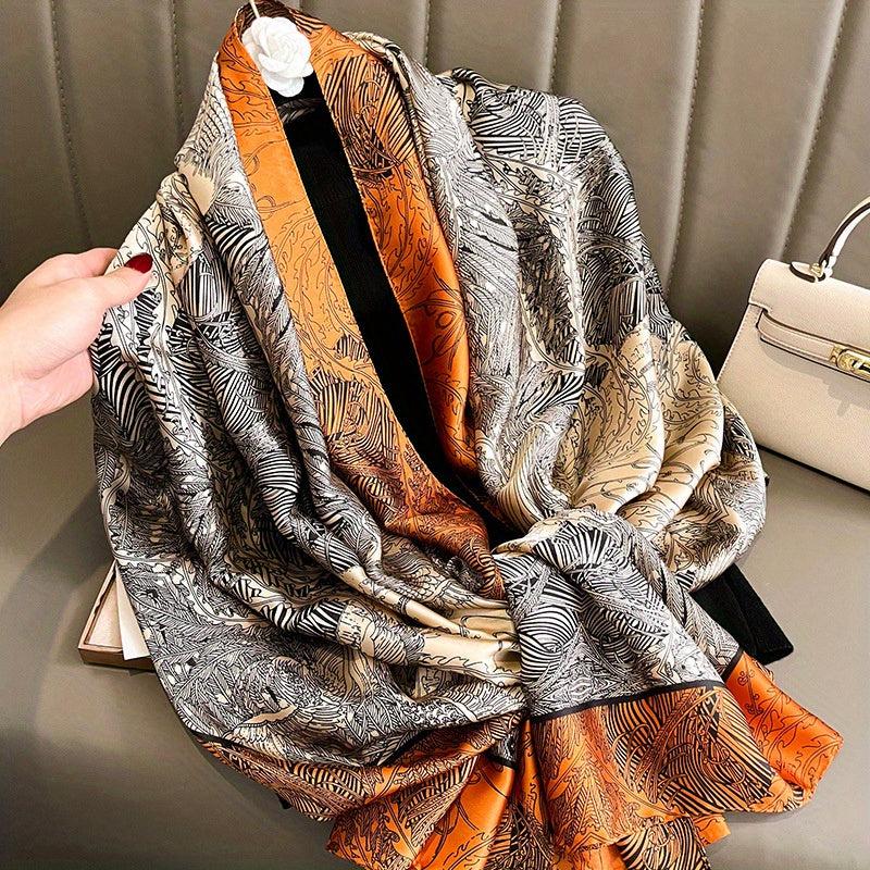Sketch Plants Print Scarf Boho Satin Warm Shawl Silk Scarves