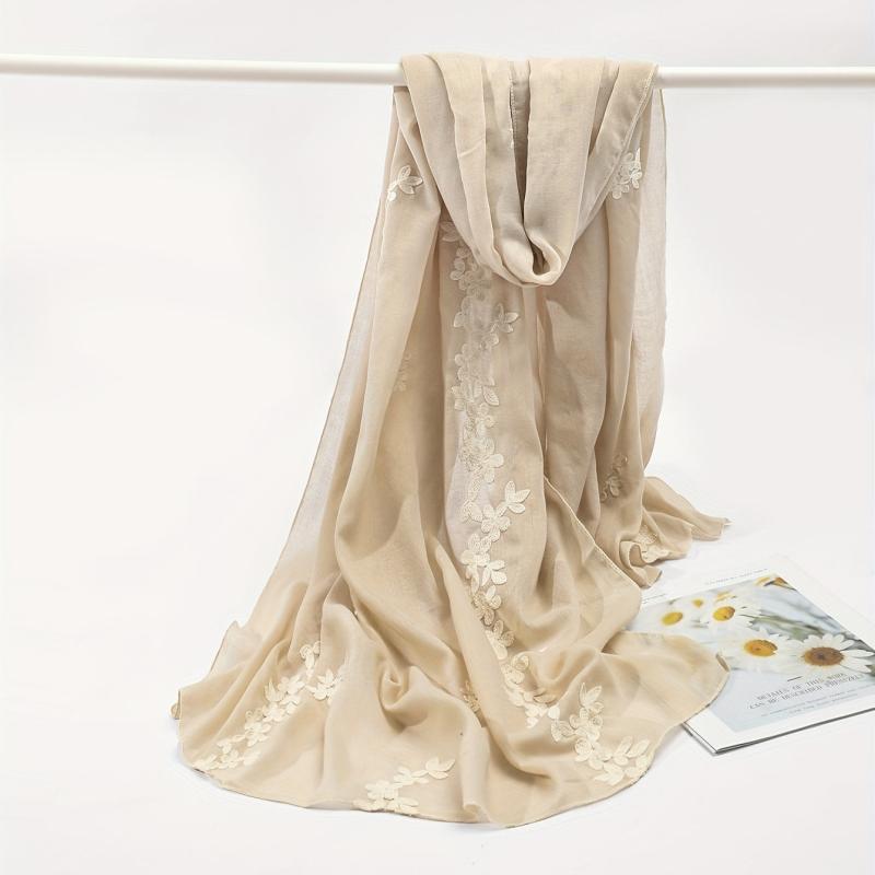 Beige Flower Embroidery Scarf Hijab Shawl Windproof Head Wraps Bandana