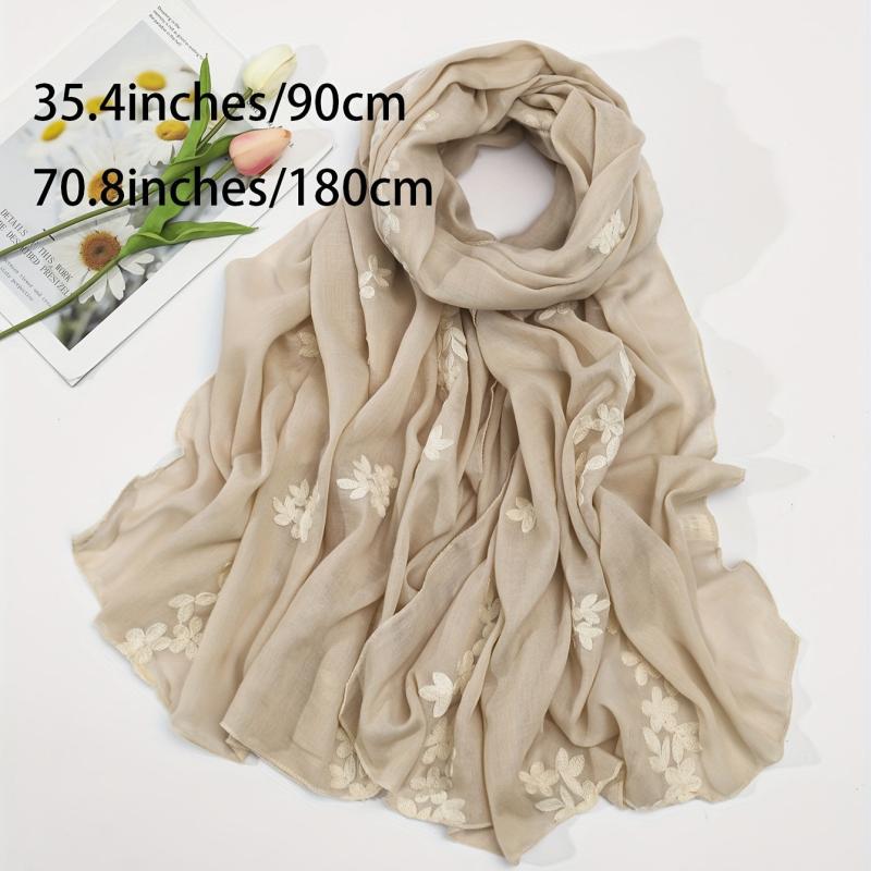 Beige Flower Embroidery Scarf Hijab Shawl Windproof Head Wraps Bandana