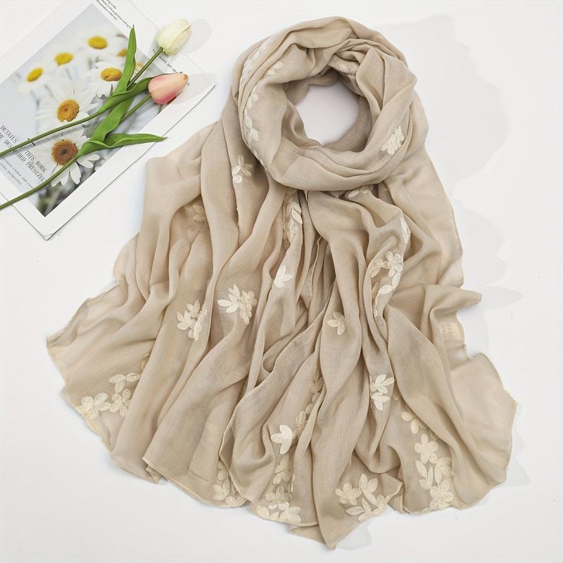 Beige Flower Embroidery Scarf Hijab Shawl Windproof Head Wraps Bandana