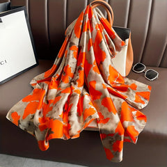 Orange Camo Floral Print Silk Scarf Head Wrap Beach Towel