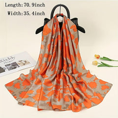 Orange Camo Floral Print Silk Scarf Head Wrap Beach Towel