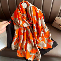 Orange Camo Floral Print Silk Scarf Head Wrap Beach Towel
