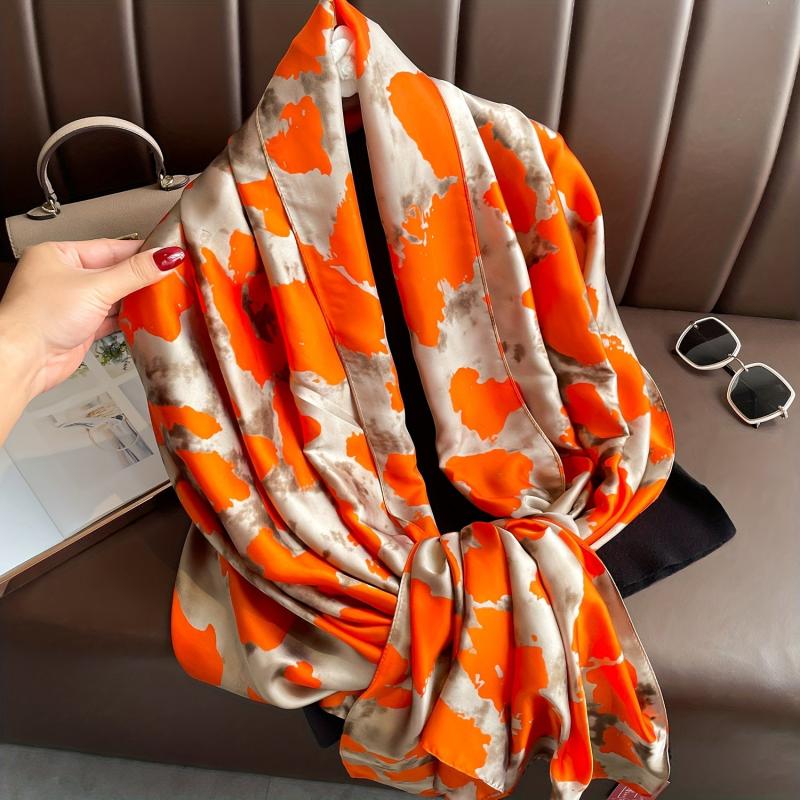Orange Camo Floral Print Silk Scarf Head Wrap Beach Towel