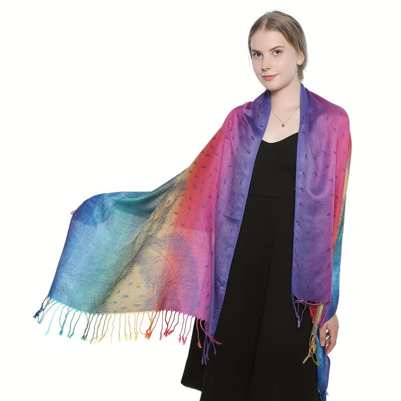 Peacock Feather Jacquard Large Scarf Gradient Tassel Shawl Windproof Beach Towel