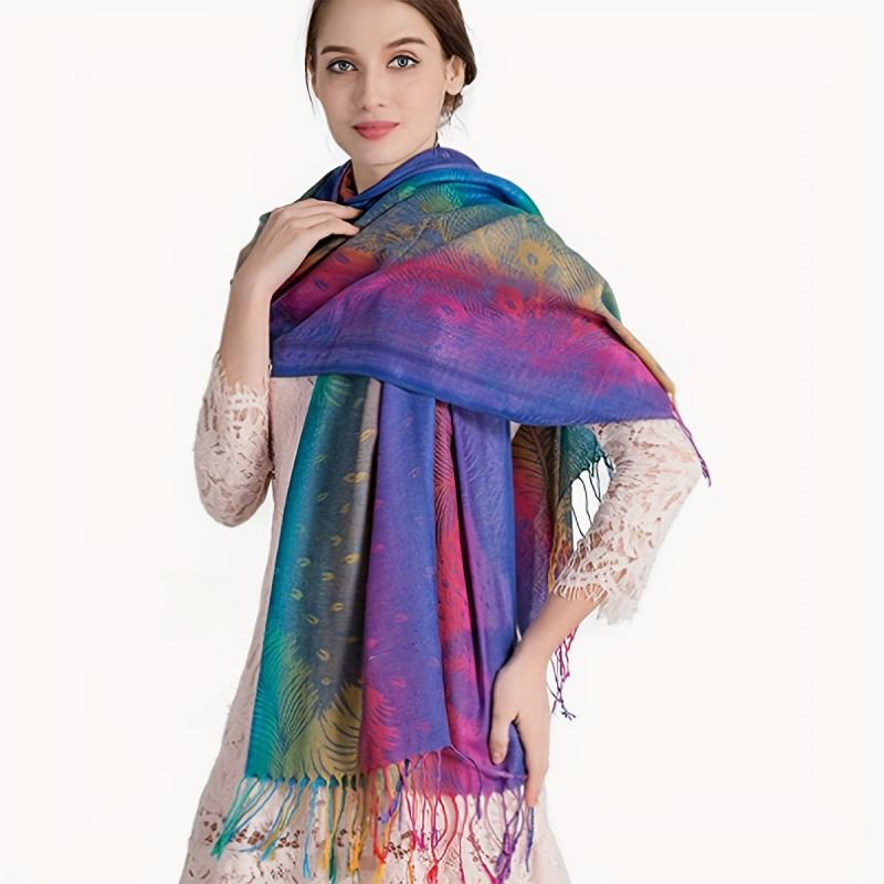 Peacock Feather Jacquard Large Scarf Gradient Tassel Shawl Windproof Beach Towel