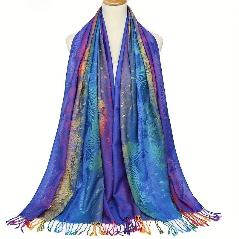 Peacock Feather Jacquard Large Scarf Gradient Tassel Shawl Windproof Beach Towel