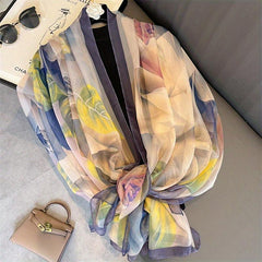Flower Leaf Print Chiffon Scarf Soft Shawl Thin Breathable Large Head Wraps