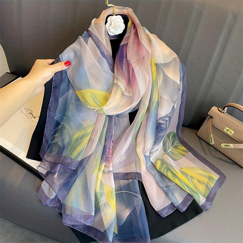 Flower Leaf Print Chiffon Scarf Soft Shawl Thin Breathable Large Head Wraps