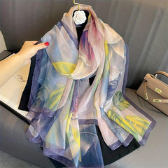 Flower Leaf Print Chiffon Scarf Soft Shawl Thin Breathable Large Head Wraps