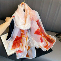 Flower Leaf Print Chiffon Scarf Soft Shawl Thin Breathable Large Head Wraps