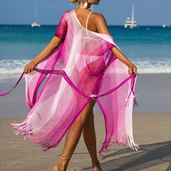 Sexy Hollow Out Shawl Long Tassel Gradient Bikini Cover Up Lace Up